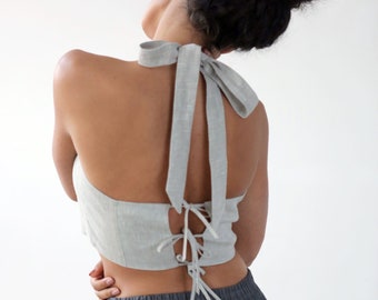 Crop linen top on ties, Summer top, Linen tube top, Top with Lacing, Flax corset, Short shirt, Pure linen top