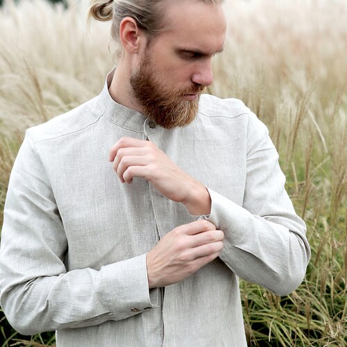 Mens Linen Hidden-button Shirt Shirt 