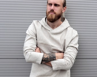 Herren-Leinen-Hoodie, Sommer-Hoodie, Leinen-T-Shirt, Hemd für Männer, naturfarbenes Hemd, Flachs-Hoodie, Geschenk für ihn, Strand-Shirt, Leinen-Stil