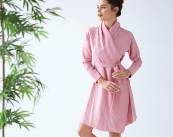 Pink Linen bathrobe, Linen loungewear, Natural linen robe, Bathrobe Homewear, Pink bathrobe, Linen dress, Gown sleepwear, Flax bathrobe