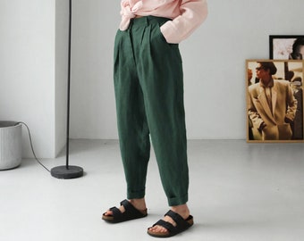 Womens linen pants with pleats, Linen joggers, Women trousers, Loose fit pants, Baggy pants