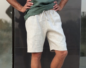 Herren-Leinen-Shorts, Sommer-Shorts, Shorts für Männer, Frühlings-Shorts, Herren-Bio-Kleidung, Strand-Shorts, Basic-Shorts, Beige-Shorts