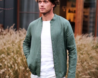 Mens linen bomber jacket, Summer cardigan, Bomber jacket, Green bomber jacket, Gift for him, Linen jacket, Linen coat