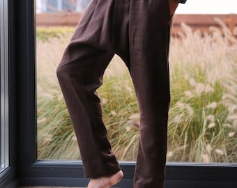 Pantalon en lin pour homme, pantalon ample pour le yoga, pantalon en lin, pantalon pour homme, pantalon à entrejambe bas, pantalon, pantalon d'été, cadeau pour lui, pantalon de détente