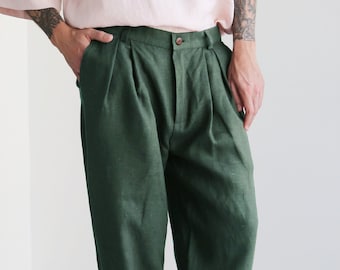 Heren linnen broek met plooien, Groene linnen joggers, Herenbroeken, Loose fit broek, Baggy broek