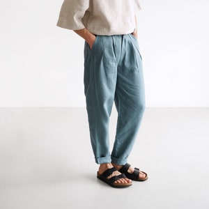 Mens linen pants with pleats, Blue-grey linen joggers, Mens trousers, Loose fit pants, Baggy pants
