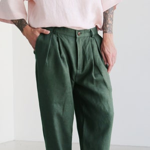 Mens linen pants with pleats, Green linen joggers, Mens trousers, Loose fit pants, Baggy pants