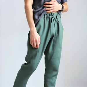 Mens Linen Pants With Pleats, Linen Joggers, Mens Trousers, Navy