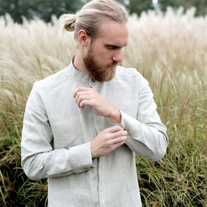 Mens linen hidden-button shirt, Shirt for men, Wedding shirt, Natural color shirt, Classic handmade, men&#39;s shirt, Natural linen shirt