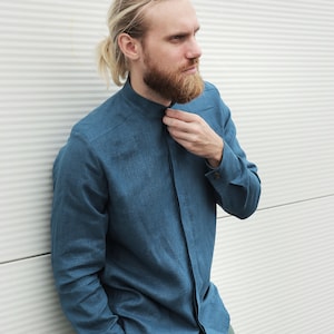 Linen shirt for men, Mens wedding shirt, Classic linen shirt, Blue color shirt, Band collar shirt, Classic shirt, Gift for him, Beach shirt