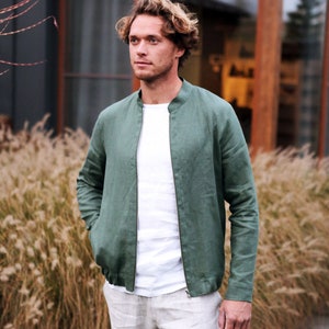 Mens linen bomber jacket, Summer cardigan, Bomber jacket, Green bomber jacket, Gift for him, Linen jacket, Linen coat