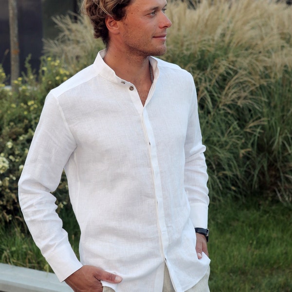 Mens linen shirt, Dress shirt, White shirt, Wedding linen shirt, Band collar shirt, Flax shirt, Gift for him, Beach shirt, Mens style