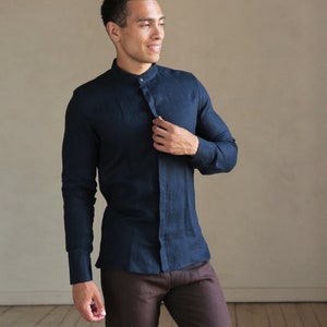 Mens linen shirt, Spring - Summer, Shirt for men, Wedding shirt, Dark blue shirt, Band collar shirt, Gift for him, Beach shirt