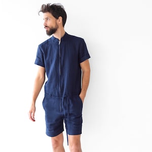Mono de lino para hombre, Mono para hombre, Mono para hombre, Mono azul oscuro, Regalo para él, Mono de lino natural, Mono de lino