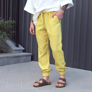 Mens linen pants,  Summer pants, Yellow lounge pants, Linen trousers, Gift for him, Flax Trousers, Beach pants, Yoga pants