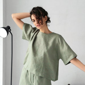 Womens linen t-shirt, Oversized top, Dropped shoulder blouse