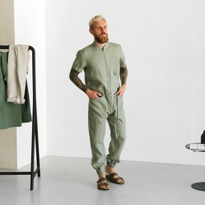 Mens linen jumpsuit, Mens overall, Mens romper, Jumpsuit for men, Green coveralls, Gift for him, Natural linen jumpsuit, Linen romper