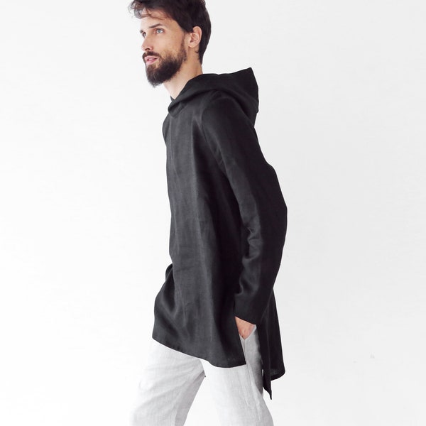 Linen long hoodie for men - Men's tunic - Basic hoodie - Stylish t-shirt - Black t-shirt - Gift for him - Men's linen fashion