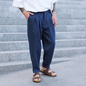 Mens linen pants with pleats, Linen joggers, Mens trousers, Navy blue pants, Loose fit pants, Baggy pants