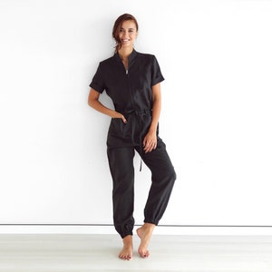 Womens linen jumpsuit, womens overall, romper, Jumpsuit for women, Black coveralls, Gift for her, Natural Black linen jumpsuit, Linen romper