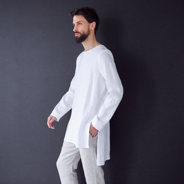 Linen t-shirt for men - Men's tunic - Basic t-shirt - Stylish t-shirt - White t-shirt Gift for him - Men's linen fashion