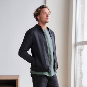 Mens Linen Bomber Jacket Spring summer Bomber Jacket Black