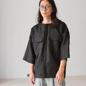 Camisa de lino para hombre, camisa oversize con doble bolsillo frontal, camisa negra para hombre, camisa de vestir, primavera-verano, regalo para él, camisa de playa