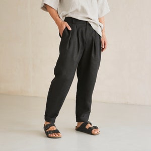 Mens linen pants with pleats, Black linen joggers, Mens trousers, Loose fit pants, Baggy pants image 5