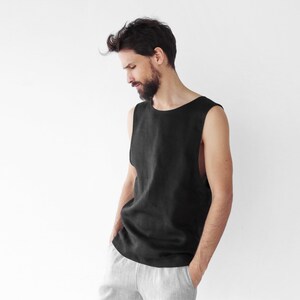 Mouwloos linnen heren-T-shirt, linnen hemd, zomershirt, shirt voor mannen, T-shirt, zwart T-shirt, mouwloos ondershirt, cadeau voor hem