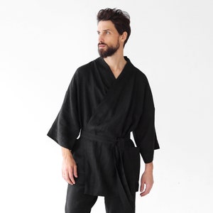 Mens linen kimono, Black kimono men, Handmade cardigan, Linen coat, Linen loungewear, Flax robe, Spa robe