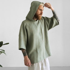 Mens hooded t-shirt, Summer green hoodie, Linen hoodie, Shirt for men, Flax t-shirt, Gift for him, Beach shirt, Linen style