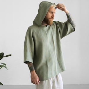 Mens hooded t-shirt, Summer green hoodie, Linen hoodie, Shirt for men, Flax t-shirt, Gift for him, Beach shirt, Linen style