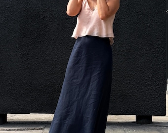 Women’s Linen Maxi Skirt in Dark Blue | Long Flared Skirt