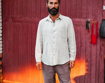 Mens relaxed linen shirt, Shirt for men, Natural color shirt, Classic handmade