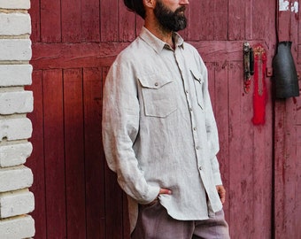 Mens linen shirt, Relaxed shirt for men, Natural color shirt, Classic handmade