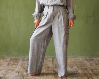 Wide-leg linen pants, Loose linen pants for woman, High-waisted pants