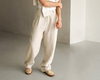 Brede heren linnen palazzo broek met plooien, Hoge taille brede linnen joggers, Herenbroeken, Loose fit broek, Baggy broek