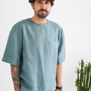 Mens linen t-shirt, Oversize t-shirt, Wide sleeve t-shirt, Shirt for men, Relaxed Mens blue-grey t-shirt Gift for him, Beach linen shirt