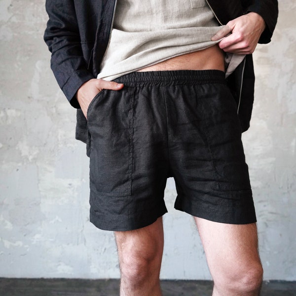 Mens short linen shorts, Basic shorts, Flax linen shorts, Shorts for men, Mans organic clothes, Leisurewear Black shorts