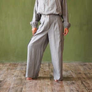 Wide-leg linen pants, Loose linen pants for woman, High-waisted pants