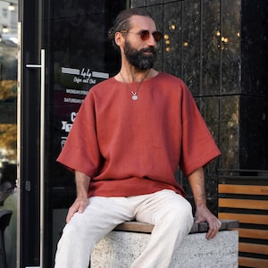 Mens linen t-shirt, Oversize t-shirt, Wide sleeve t-shirt, Shirt for men, Relaxed Mens Terracotta t-shirt Gift for him, Beach linen shirt