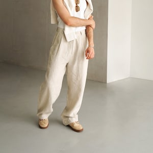 Wide mens linen palazzo pants with pleats, High-waist wide linen joggers, Mens trousers, Loose fit pants, Baggy pants