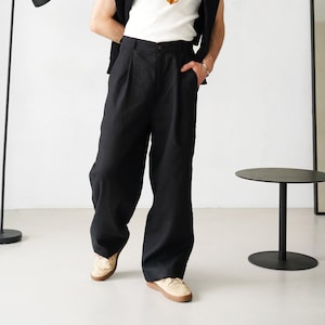 Wide mens linen palazzo pants with pleats, High-waist wide linen joggers, Mens trousers, Loose fit pants, Baggy pants zdjęcie 2