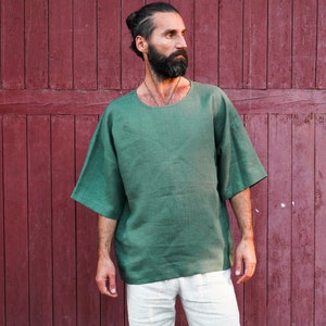 Mens linen t-shirt, Green oversized t-shirt, Wide sleeve t-shirt, Shirt for men, Relaxed Mens Gift for him, Beach linen shirt