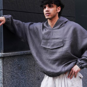 Mens linen oversized hoodie, Drop shoulder hoodie, Long sleeve sweatshirt