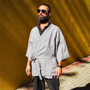 Mens linen kimono, Latte kimono men, Handmade cardigan, Linen coat, Linen loungewear, Flax robe, Spa robe