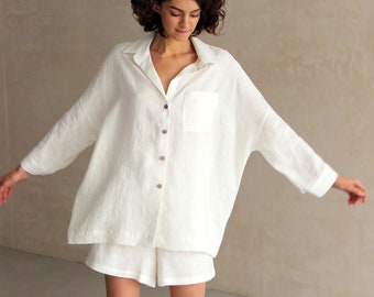 Womens oversized linen shirt, Wide sleeve shirt, Dress shirt, White color shirt, Loose linen shirt