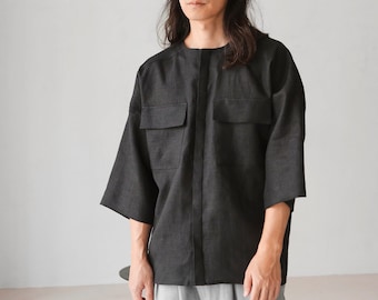 Mens linen shirt, Oversized Double Pockets Front Shirt, Black shirt for men, Dress shirt, Spring- Summer, Gift for him, Beach shirt