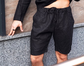 Herren-Leinen-Shorts, Basic-Shorts, Flachs-Leinen-Shorts, Shorts für Herren, schwarze Freizeit-Shorts, Leinen-Design-Shorts