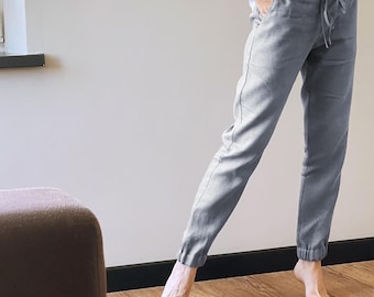 Linnen damesjoggingbroek met elastische manchetten NARA in lichtgrijs, taillebroek met trekkoord